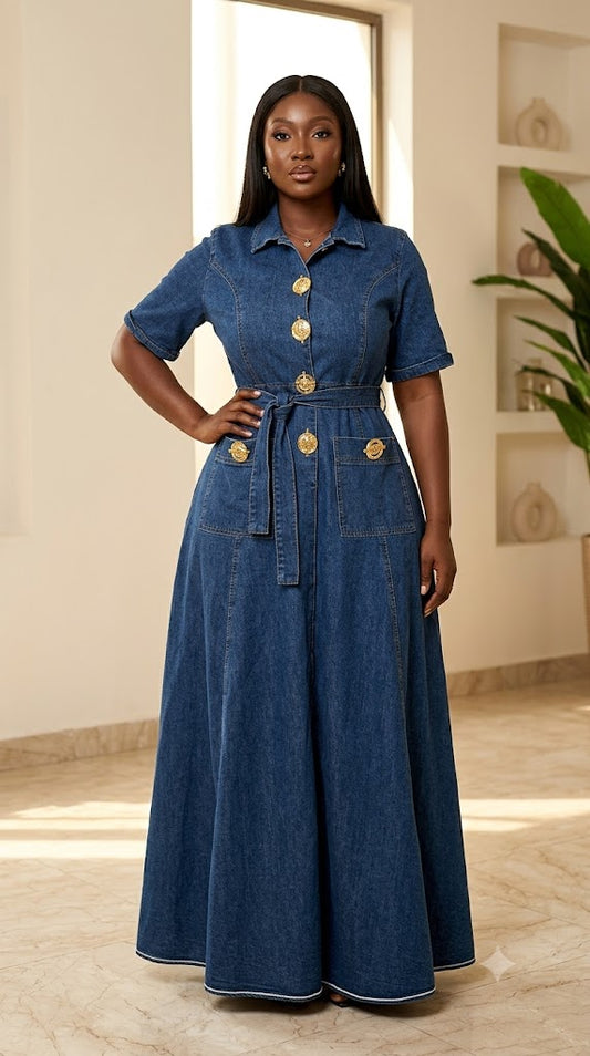 Robe-chemise en jean à boutons dorés