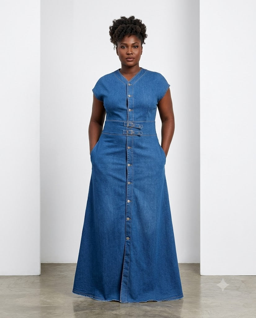 Robe longue en jean à double ceinture, boutonnage intégral, Tendressa
