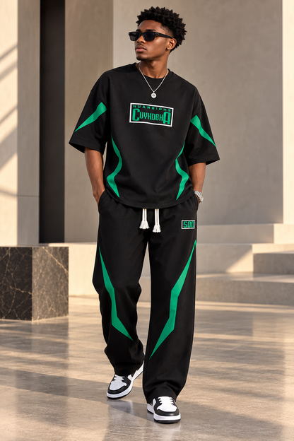 Ensemble homme t-shirt oversize et pantalon large noir à bandes vertes