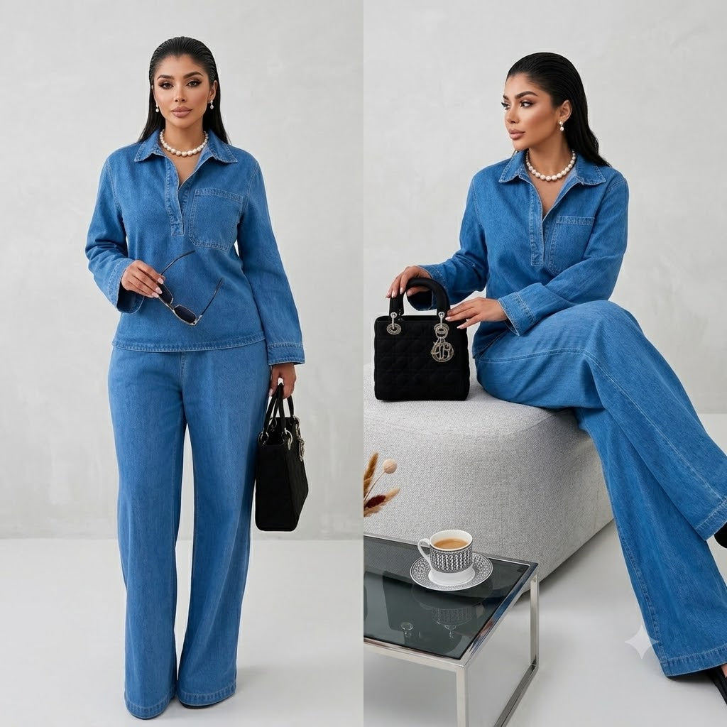 Ensemble en jean haut col et pantalon large