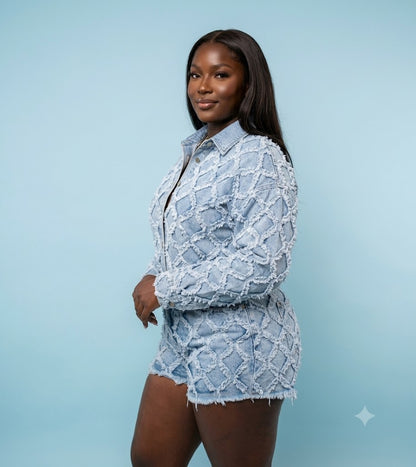 Ensemble veste et short en jean texturé