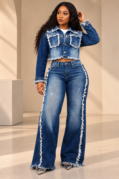 Ensemble 2 Pièces Veste Courte & Jean Large en Denim Effiloché
