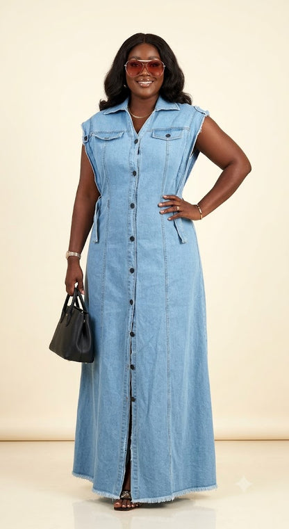 Robe longue en jean boutonnée à franges
