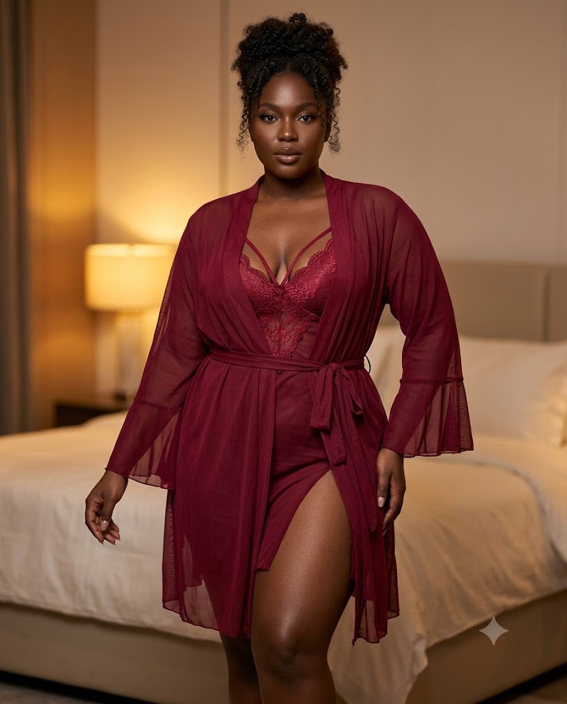 Ensemble déshabillé kimono bordeaux et nuisette dentelle — Tendressa