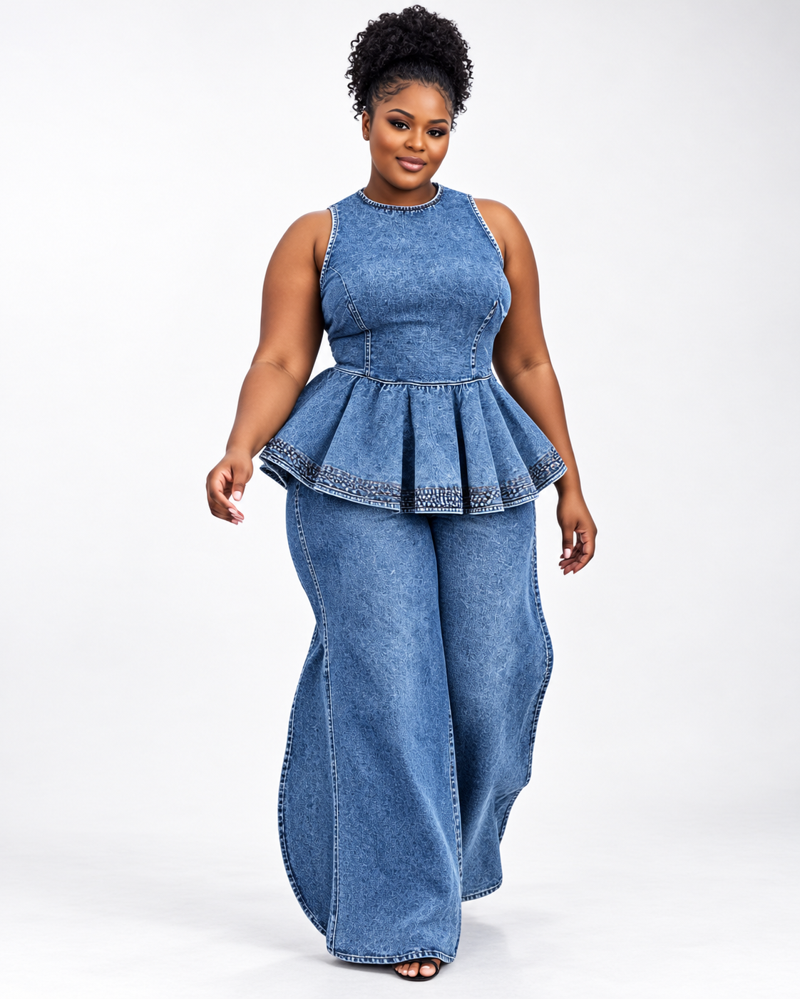 Ensemble en jean haut peplum et pantalon large Tendressa