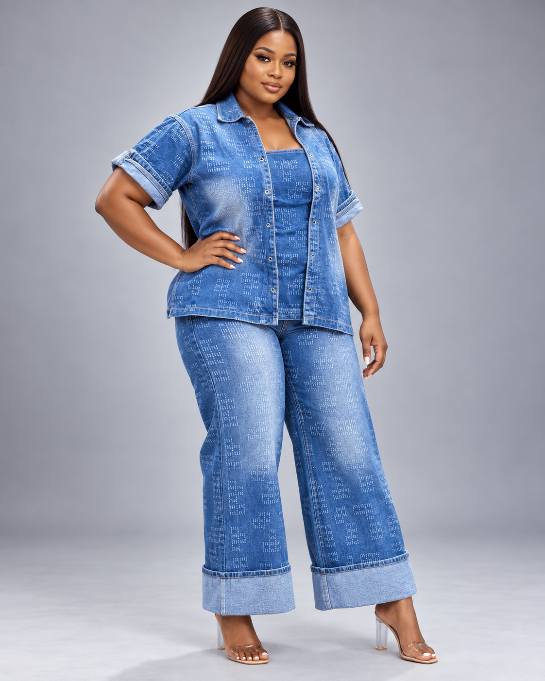 Ensemble en jean haut effet deux pièces et pantalon large Tendressa