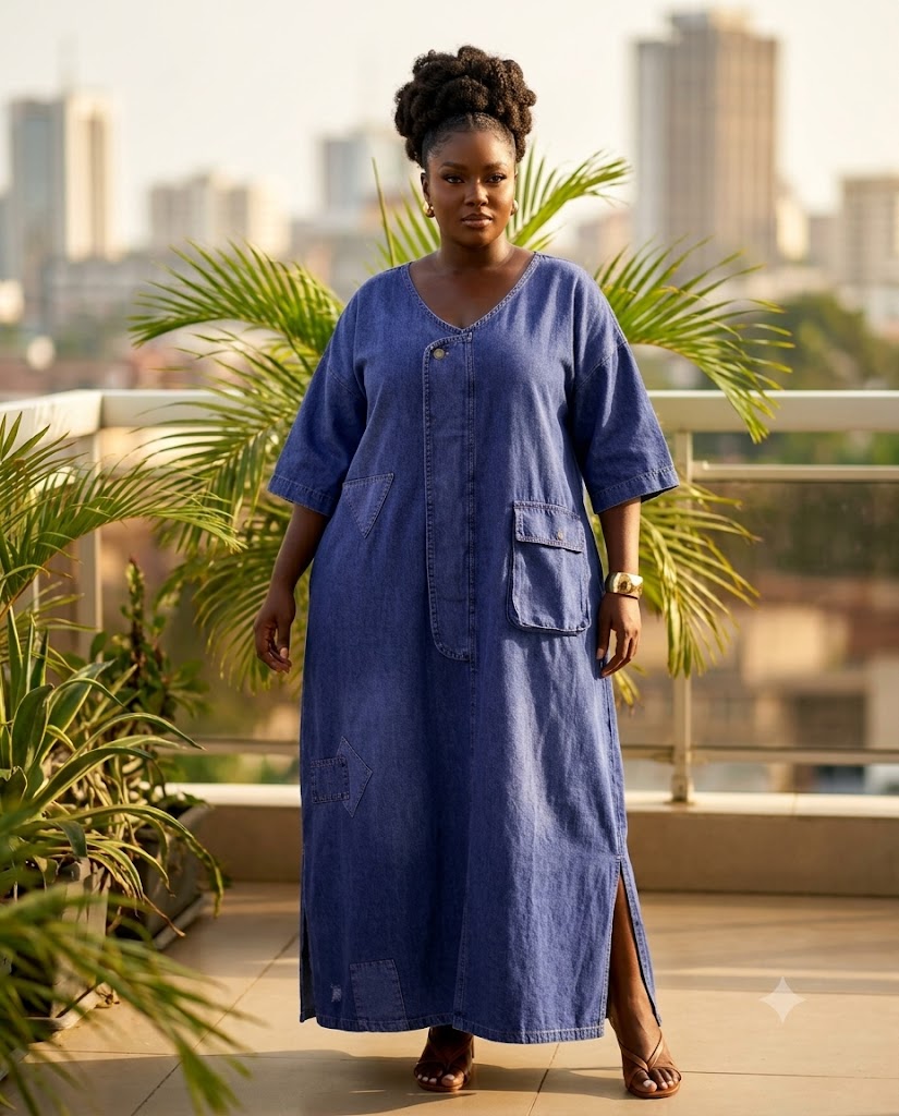 Robe ample en jean col V poches