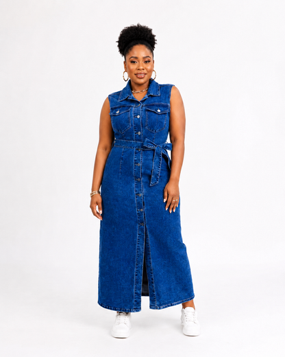 Robe chemise longue en jean sans manches, vue de face