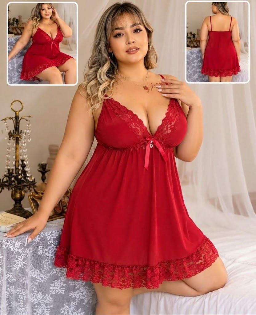 Nuisette rouge en dentelle avec nœud satin, autre posture