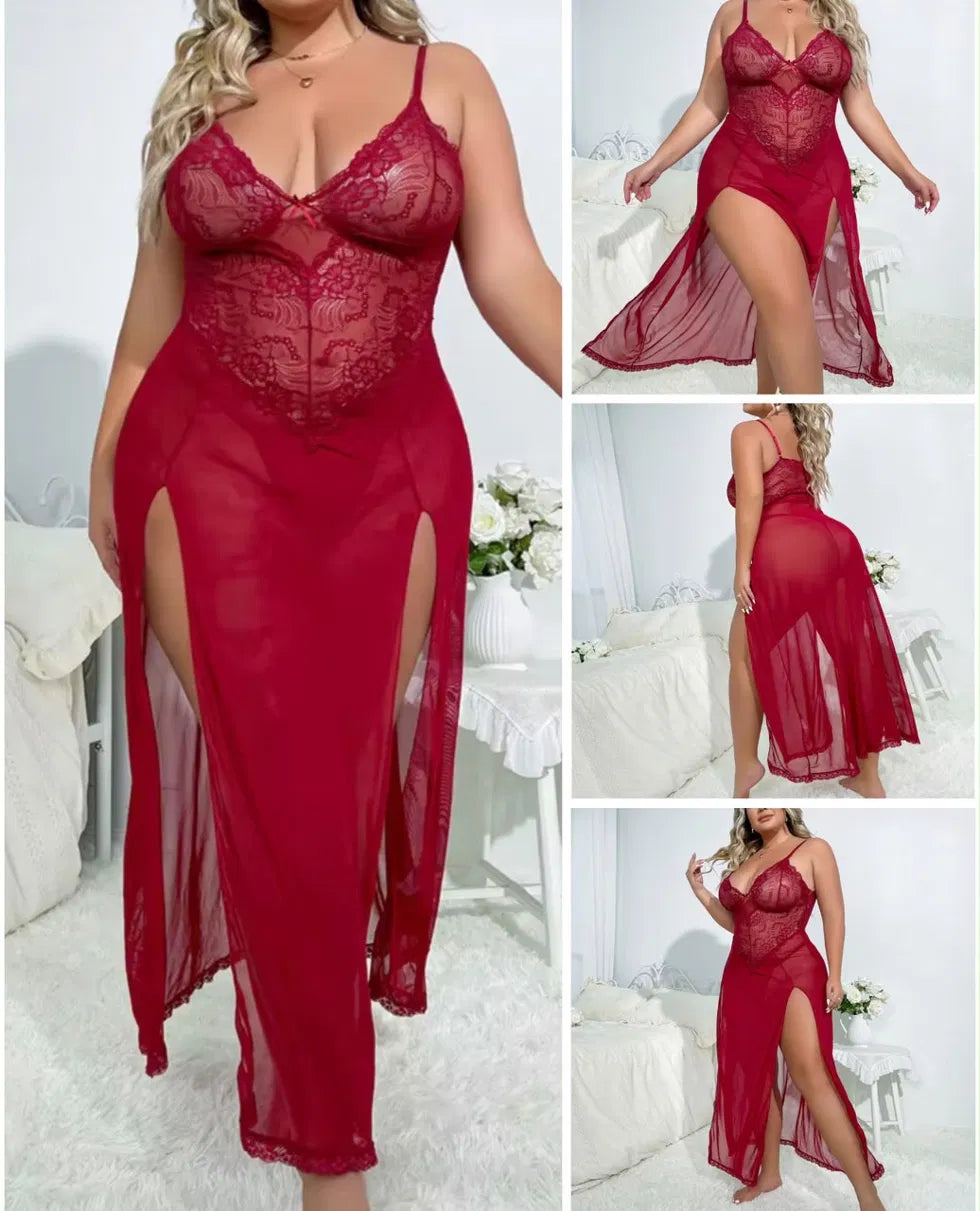 Nuisette longue rouge dentelle double fente — Tendressa