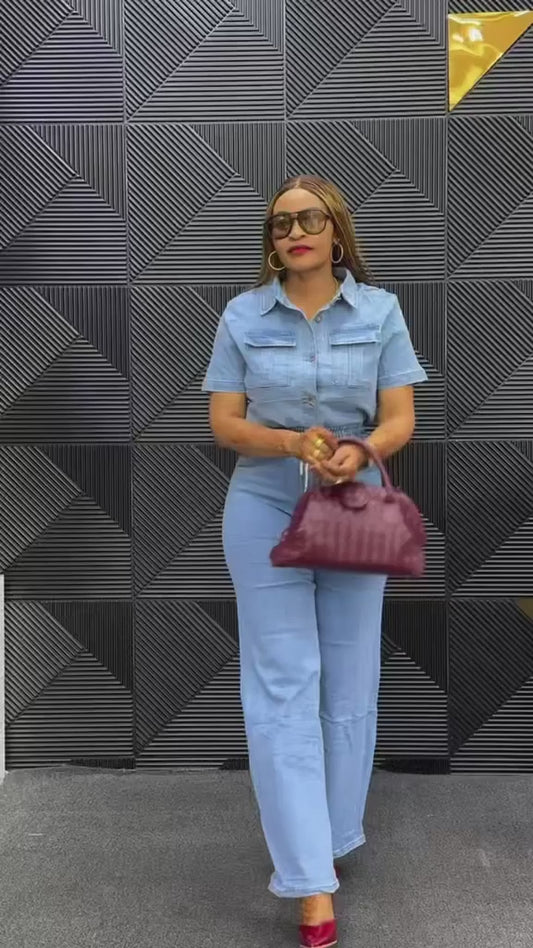 Ensemble Jean Bleu Clair – Chemise à Poches & Pantalon Large