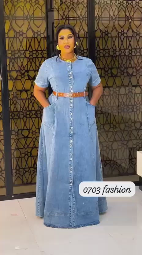 Robe longue en jean col mao à pressions, Tendressa