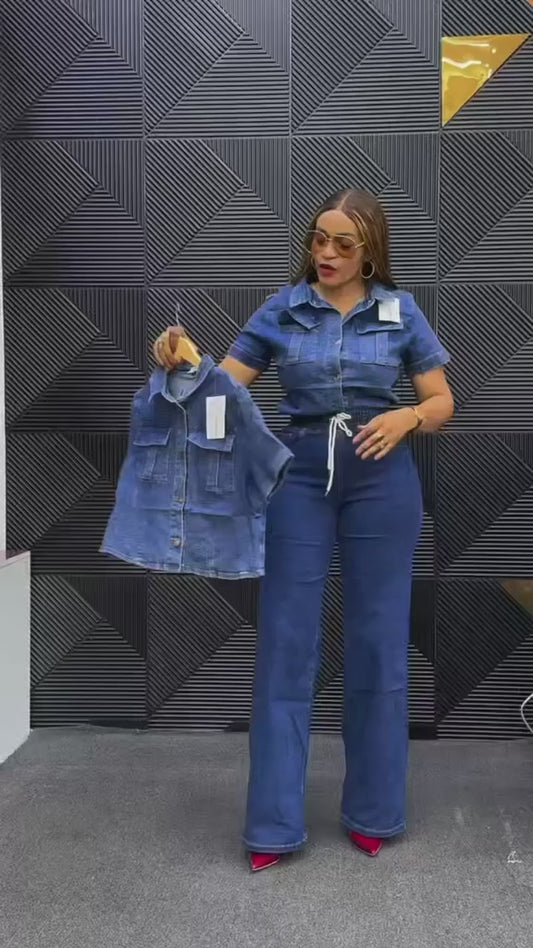 Ensemble Jean Bleu Foncé – Haut à Poches & Pantalon Large