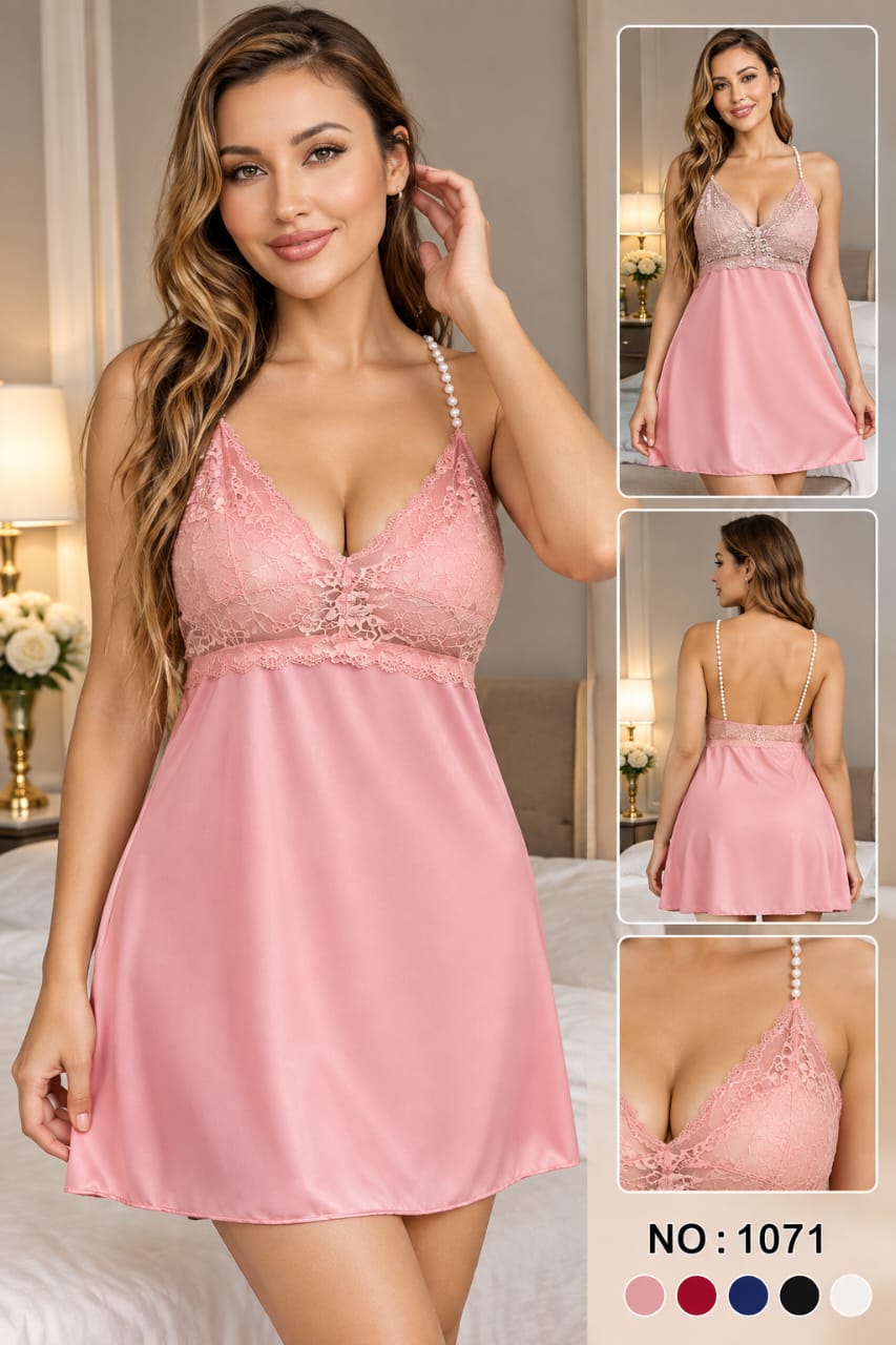 Nuisette satinée rose en dentelle à bretelles perles