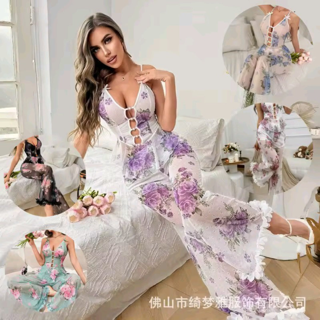 Ensemble top et pantalon évasé en voile fleuri blanc et violet