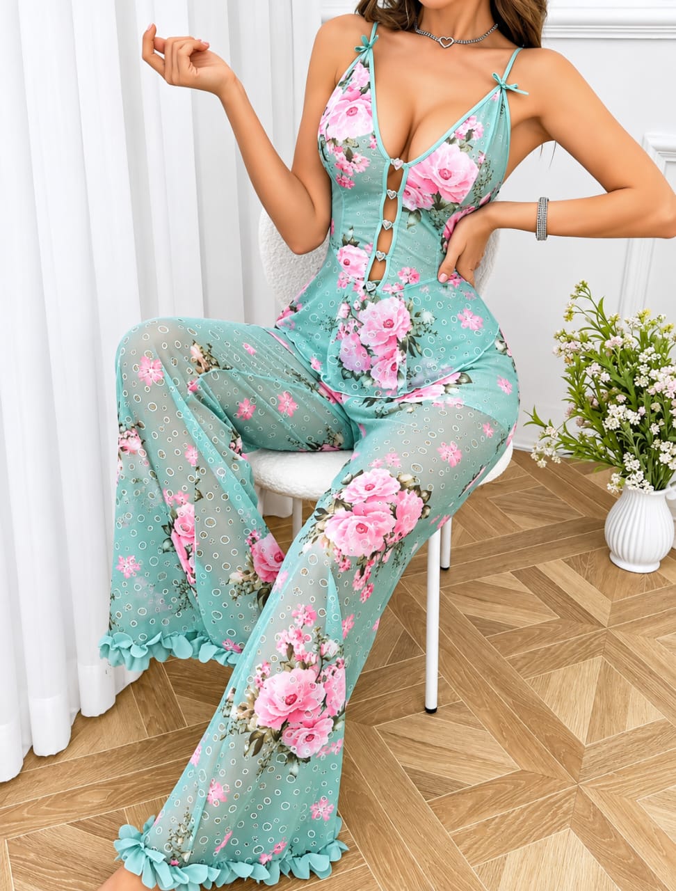 Ensemble top et pantalon évasé fleuri vert d'eau