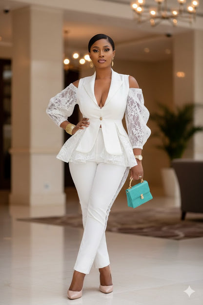 Ensemble Prestige Dentelle – Élégance Luxe en Noir & Blanc